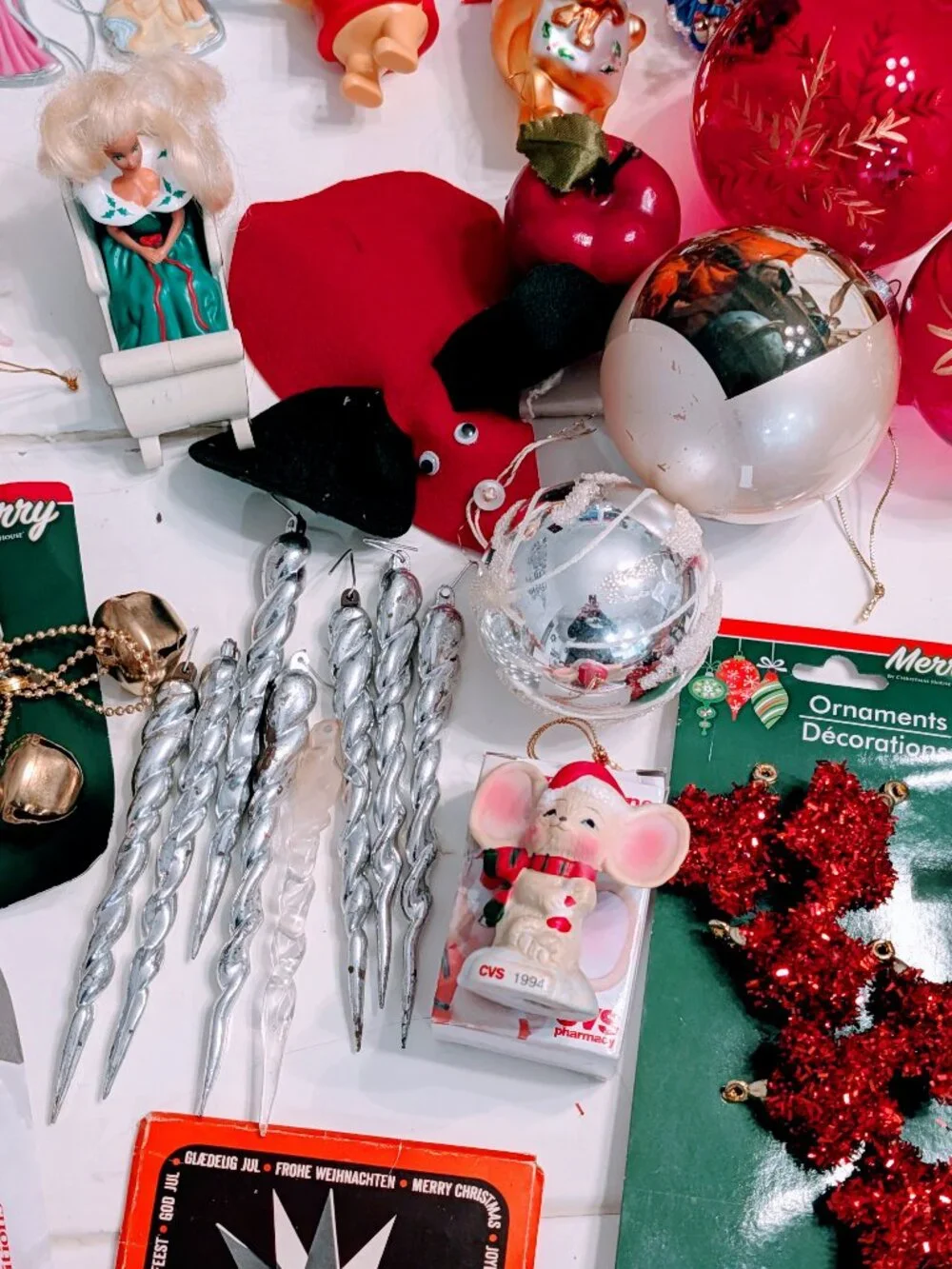 Lot of 68 VTG Christmas Ornaments 80s 90s Santa Disney Pooh Barbie Angels Retro